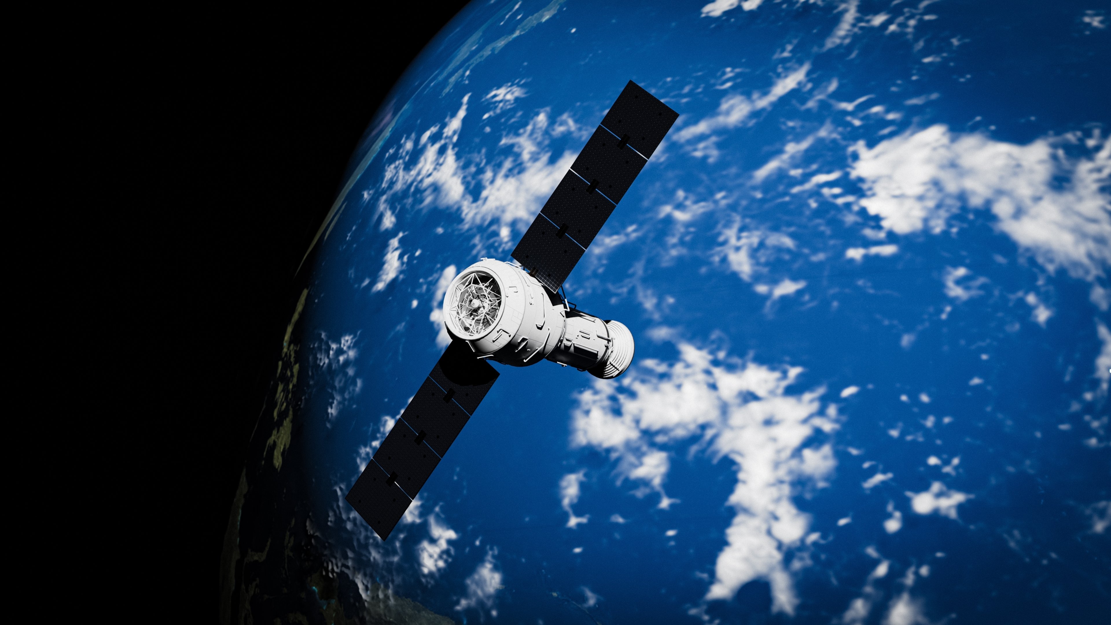 Render of high throughput satellite in space with globe behind