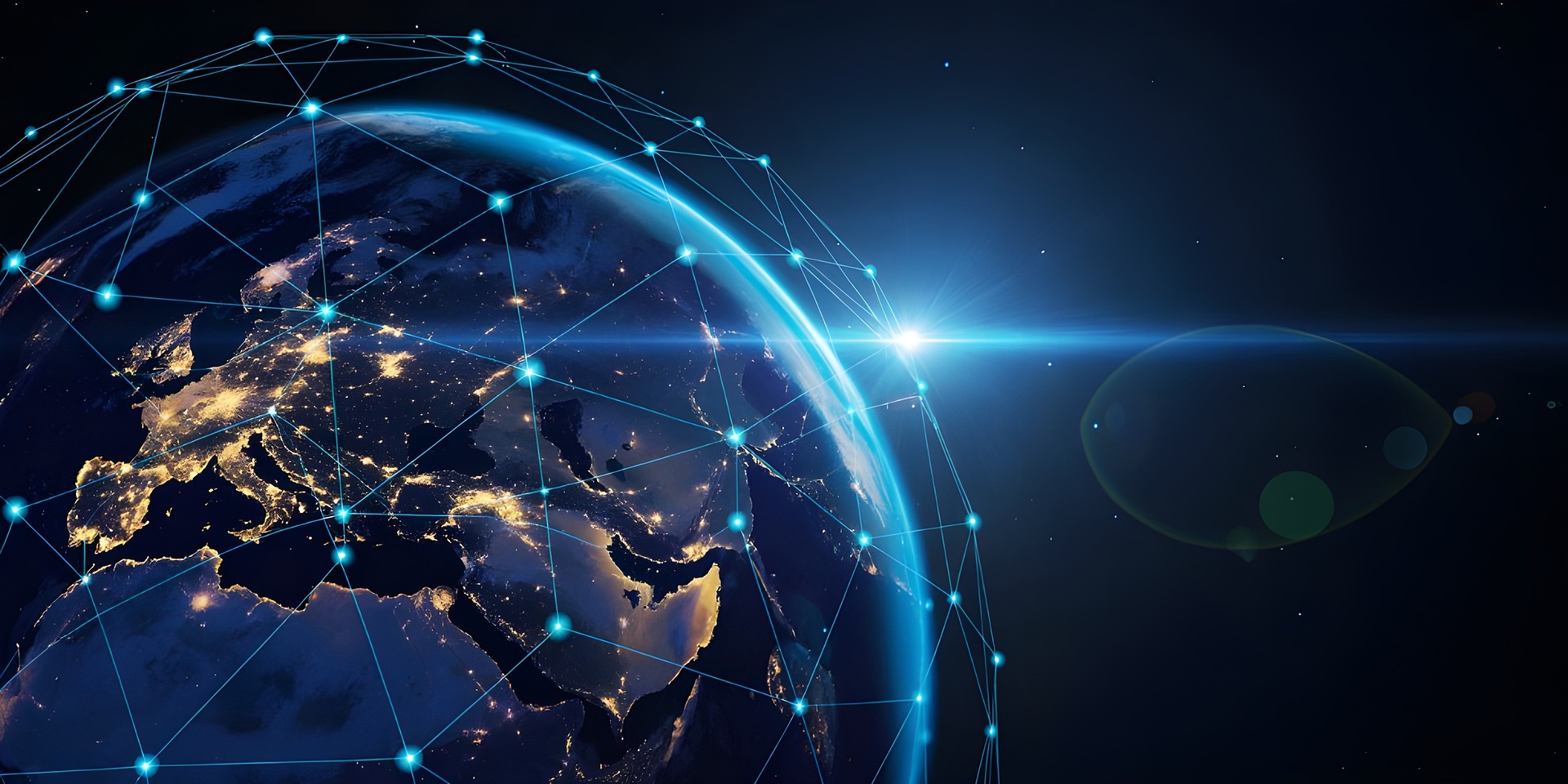 Render of globe from outer space with glowing blue satellite network lacing