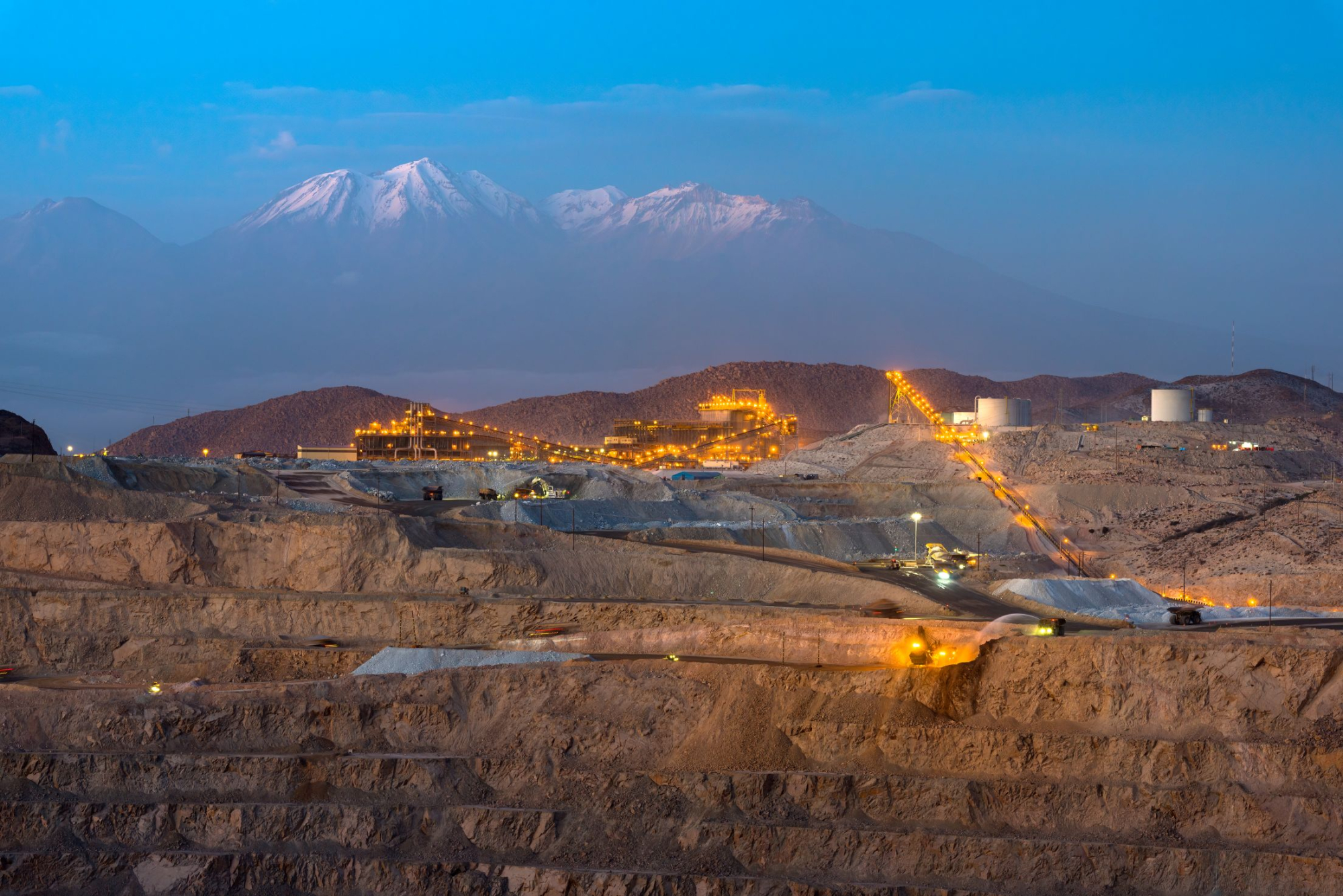 Wide angle view of open copper mine in the Andes